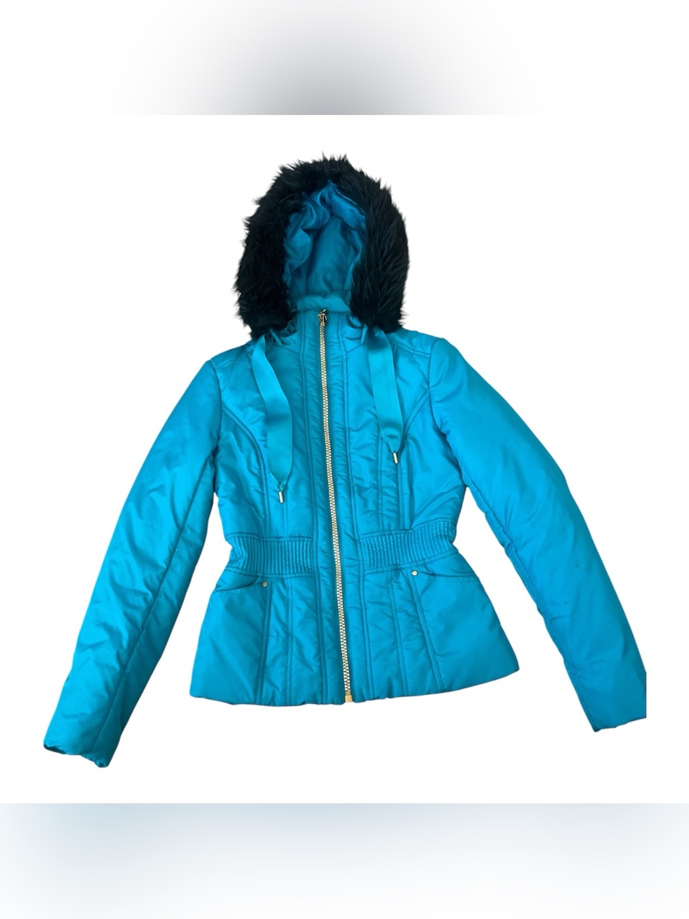 Candie's Turquoise Puffer Jacket S Fur Hood Y2K Stains (As Is)